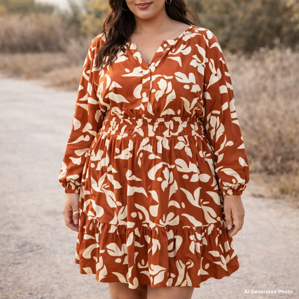 Gilli Abstract Floral Dress 1X Rust V Neck Elastic Waist Long Sleeve Boho Office